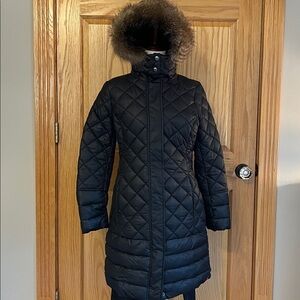 Joules Padded Long Puffer Coat with Faux Fur Accent